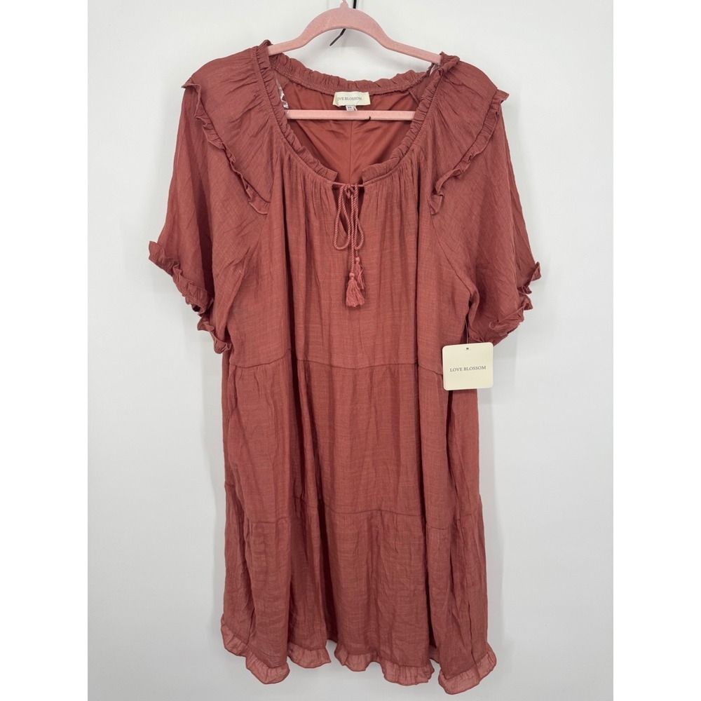 NWT Love Blossom Puff-Sleeve Tie-Neck Eyelet Mini‎ Swing Dress Women's 2X Pink